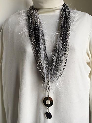 Trellis Ladder Necklace Black White and Gray, with hammered pendant embellishment, Unique Accessories Strands Trendy Fashion, Metallic and Eyelash yarn, Magnetic clasp