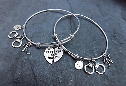 Partner in Crime Charm Bracelet Set of 2 - Personalized with initial - choice of expandable bangle