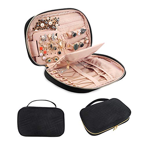 GANAMODA Jewelry Travel Organizer, Soft Padded Traveling Jewelry Bag Case Earing Necklace Rings Watch Bracelets, Make up Bags 2-in-1 Cosmetic Cases Necklace Holder