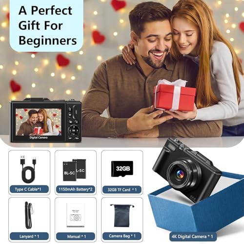 5K Digital Camera, WiFi 75MP Digital Point and Shoot Camera with 18X Zoom Anti Shake, 3" 180°Flip Screen Compact Travel Camera with Flash for Adult Beginner (2 Batteries+ 32GB SD Card) (Black)