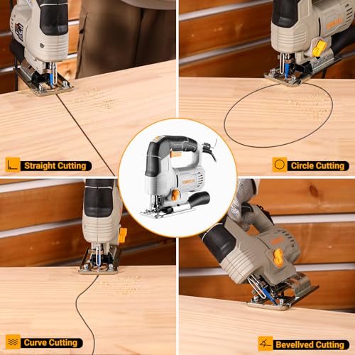 Electric Jigsaw: DEKOPRO 550W Wood Saw with 6 Variable Speeds from 800 to 3000 Cuts per Minute with LED Light, ±45° Inclined Cutting and 8 Blades for Wood, Metal and Plastic