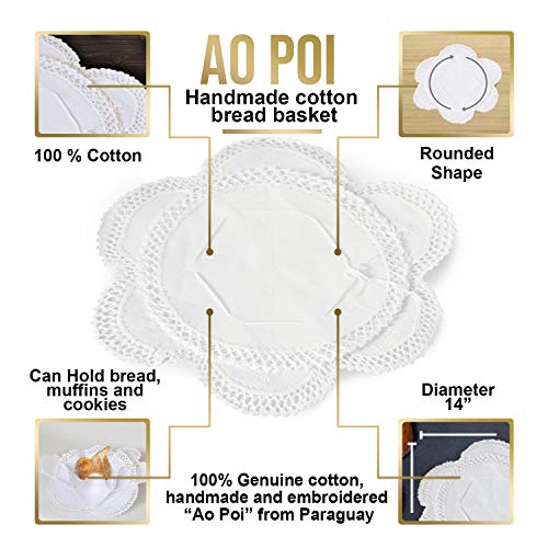 Artisan Bread Basket 14” | 100% Handmade and Embroidered Ao Poi with Luxury Cotton - Elegant Bread, Bun, Muffin, Cookies, Biscuit, Bagel WARMER AND BASKET