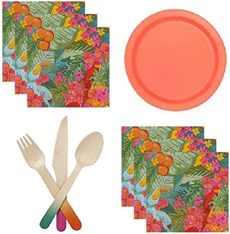 Fiesta Party Supplies Tropical Theme Large Plates Napkins Cups &amp; Wooden Cutlery for 12 Guests