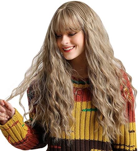 Kashyk Fringe Wave Long Blonde Synthenic Wig With Light Bangs, Womens Ladies Natural Looking Thin Bangs Hair Full Wigs Heat Resistant Wavy Curly Wig For Teen Girls Daily Party Cosplay