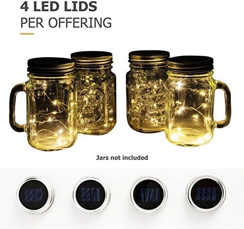4 Pack - Solar Mason Jar Lights - Screw Top Silver Lids With 10 LED String Fairy Lights - Soft Warm White Glow Patio Garden Path Decoration Lights - Wedding Table Warm Soft Glow. Jars not included