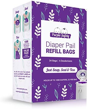 Disposable Diaper Pail Refill Bags - Odor Protection Superior to Arm &amp; Hammer - 1,088 Uses PLUS 6 Deodorizers By Purple Safety