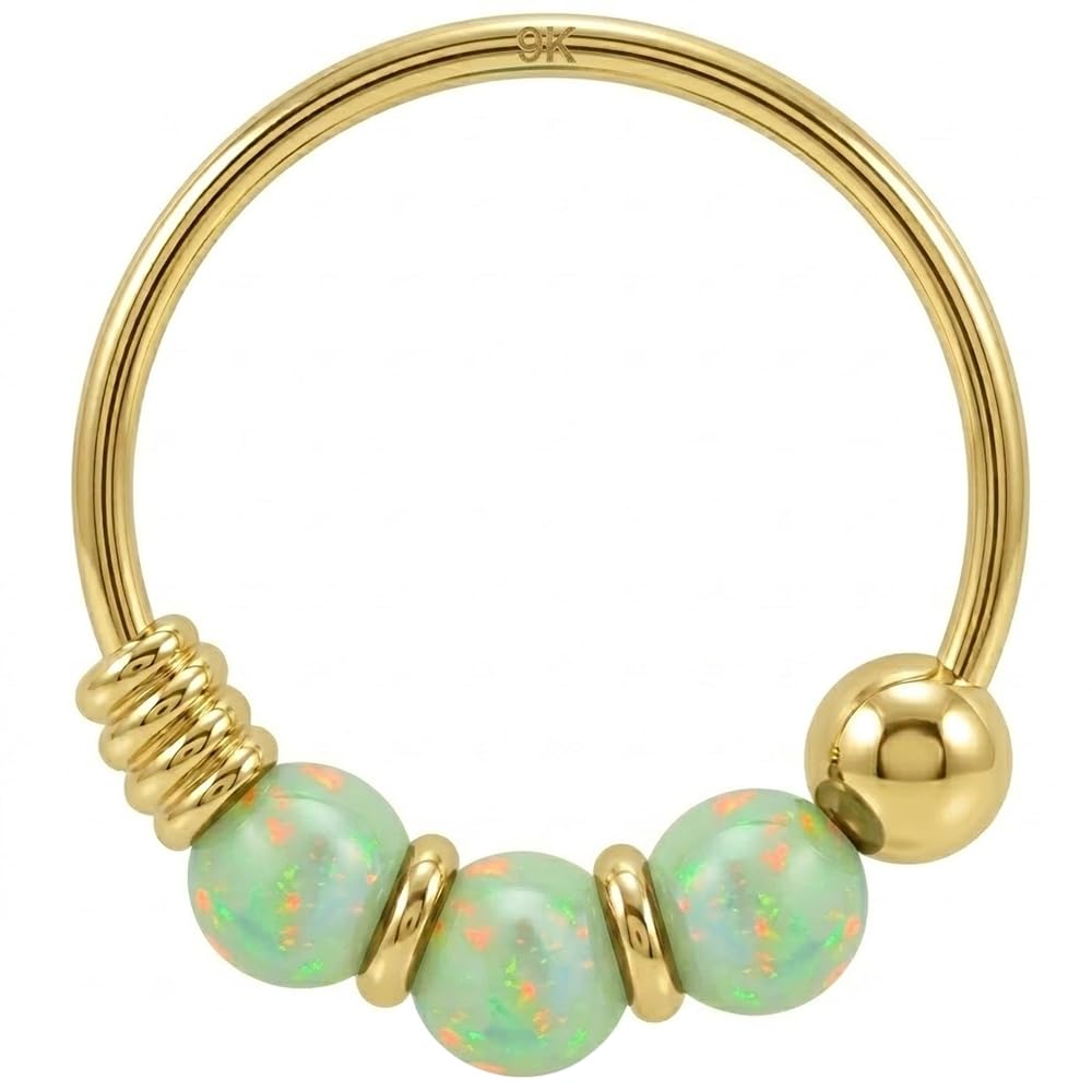 AZARIO LONDON 9K Yellow Gold Nose Ring Triple Light Green Opal Bead 22 Gauge Hoop