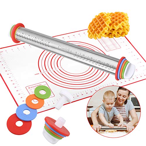 Conleke Rolling Pin with Adjustable Discs Stainless Steel Rolling Pins and Baking Mat for Making Dough Pizza Pie Cookies Bread Noodles (17" Rolling Pin with Mat) - Thumbnail 6