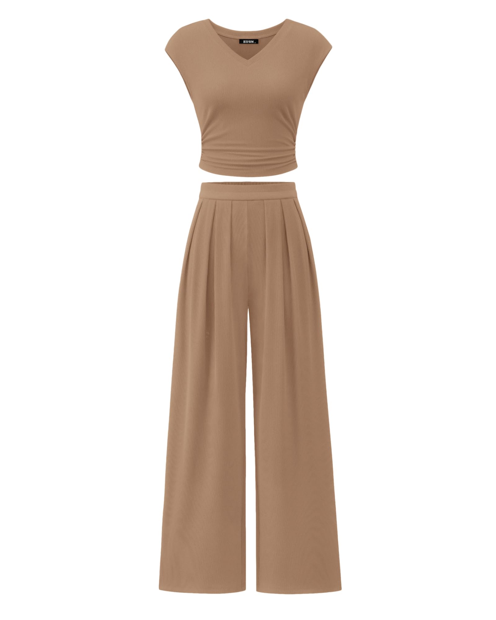 Photo 1 of (no top) BTFBM Womens 2 Piece Outfits Summer 2025 V Neck Cap Sleeve Ruched Top Wide Leg Pants Sets Rib Knit Lounge Matching Set(Khaki, Medium)