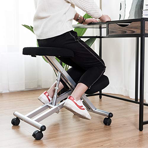 Giantex Kneeling Office Chair Ergonomic Adjustable Desk Posture Stool for Back Relief Meditation Gaming Computer Work Thick Sponge Cushion Steel Frame Linen Gauze Fabric Knee Chairs, Black