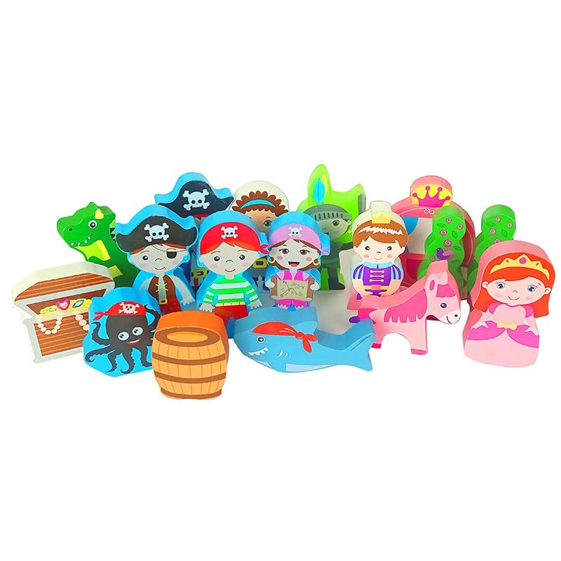 17-Piece Wooden Fantasy Character Figures Set - Small World Pirates, Dragons, Prince & Princesses Playsets - Inspire Imagination & Creative Playtime - Non-Toxic & Safe for Kids