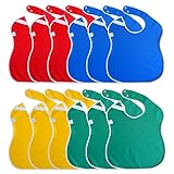 Large Toddler Bib. Waterproof with Snaps. Wide Coverage Helps Keep Stains Off Your Child's Clothing. Plain Color Baby Gift Set Pack of Boy and Girl Bibs. (12 Pack, RBYG (18-48 Months))