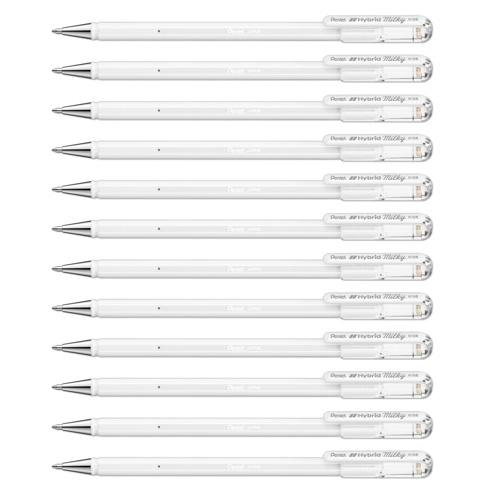 Pentel K108 Hybrid Milky Gel Rollerball Pen, 0.8mm Tip, Vivid on Light and Dark Paper, White (Pack of 12)