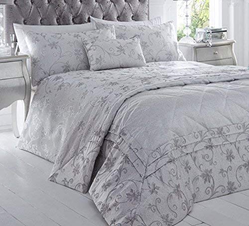 Homespace Direct Ravina Jacquard Woven Quilt Duvet Cover and 2 Pillowcase Bed Set Floral, Polyester, Silver, King