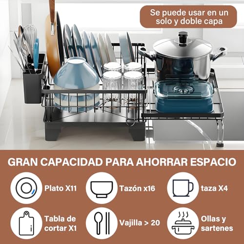 GALASALA Escurridor de Trastes, Extensible 2 Niveles Escurridor de trastes Acero Inoxidable, escurridor de Platos con Bandeja de Goteo sobre Fregadero para Encimera de Cocina