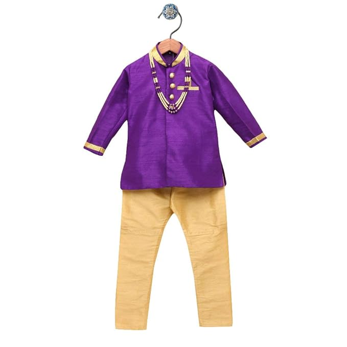The Magic Wand By Hopscotch Baby Boys 50% Silk Blend, 50% Cotton, LiningKurta And Breeches Set in Gold Color