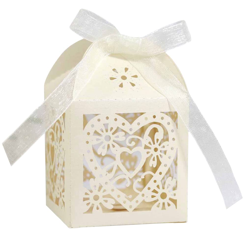 Uposao 50 PCS Love Heart Laser Cut Wedding Candy Gift Box Chocolate Box, Heart Paper Favour Boxes with Ribbon Christening Favor Box for Wedding Baptism Baby Shower Christmas Party