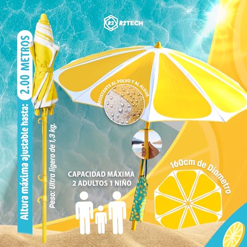 R2TECH® Super Pack Folding Beach Umbrella | Parasol with Height 210 cm and Diameter 160 cm | Compact Umbrella for Suitcase | Summer Protection 2 Seater UPF 50+ | Pole Aluminium Yellow 109C