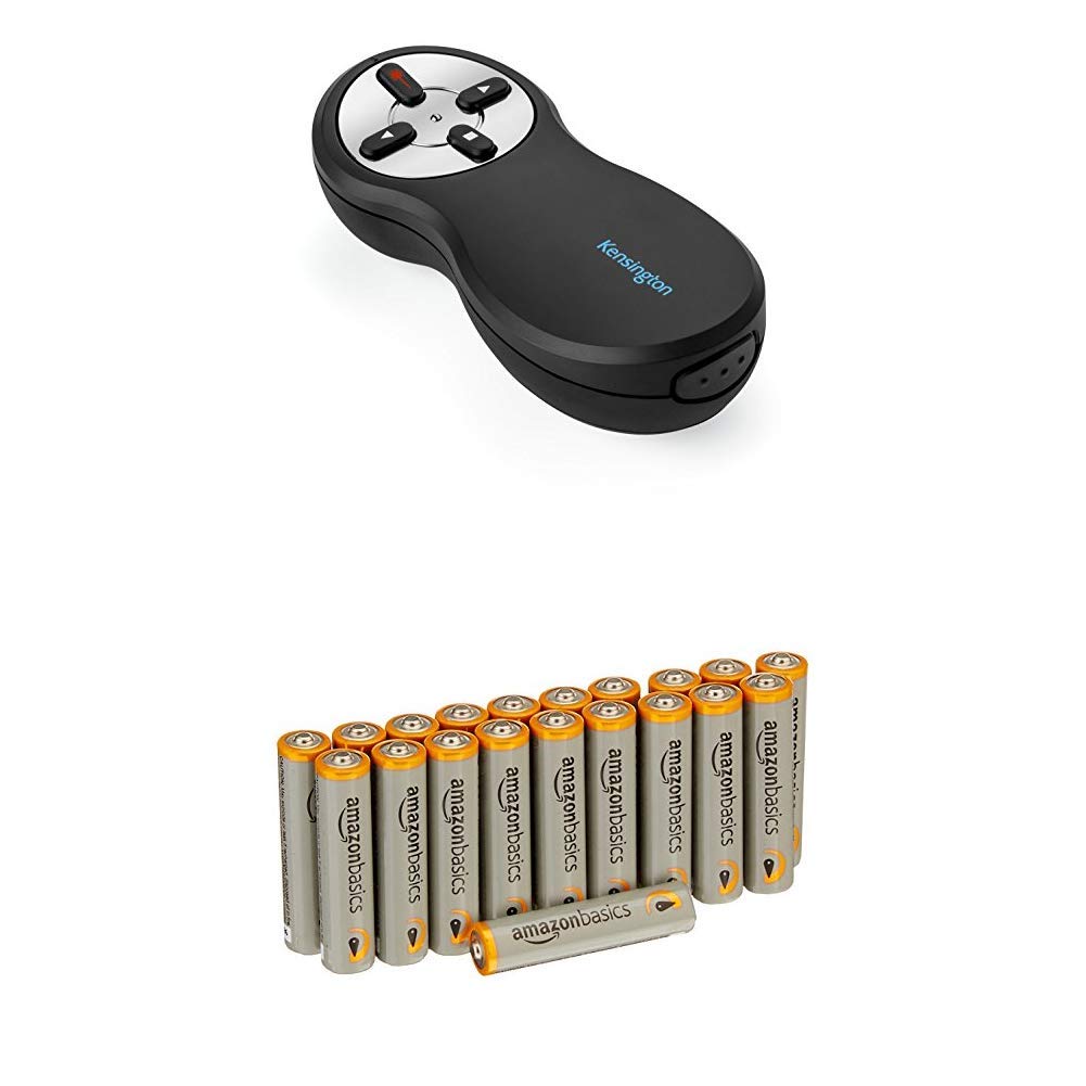 Kensington Wireless USB Presentation Clicker with Red Laser Pointer, Compatible with Windows & macOS - 20m Range (33374EU) with Amazon Basics Batteries
