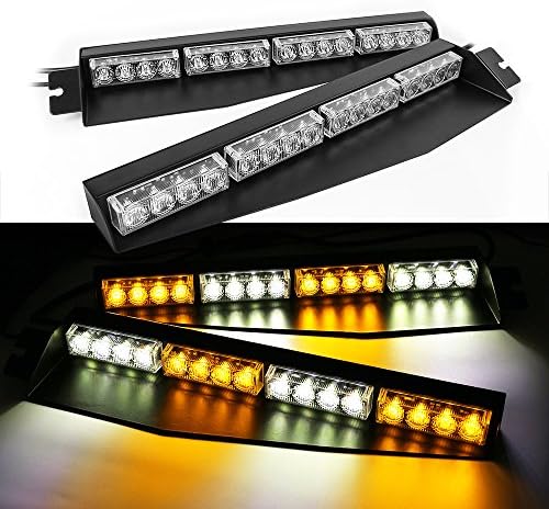 XUNZA 32W LED 15Modes Lightbar Visor Light Windshield Emergency Hazard Warning Strobe Beacon Split Mount Deck Dash Lamp (Amber/White/Amber/White)