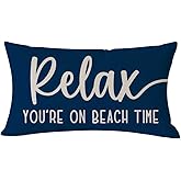 PANDICORN Beach Throw Pillow Cover 12x20 Inch Relax You're on Beach Time Blue Outdoor Sea Coastal Nautical Ocean Decorations Sign Lumbar Decorative Cushion Case for Home Room Porch Sofa Couch Decor