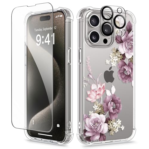 GVIEWIN for iPhone 15 Pro Case Floral, with Screen