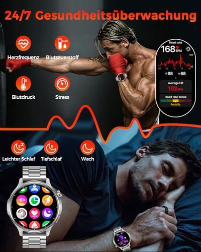 Smartwatch Herren, 1000mAh Akku, 1,52'' HD Großes Display, Silber