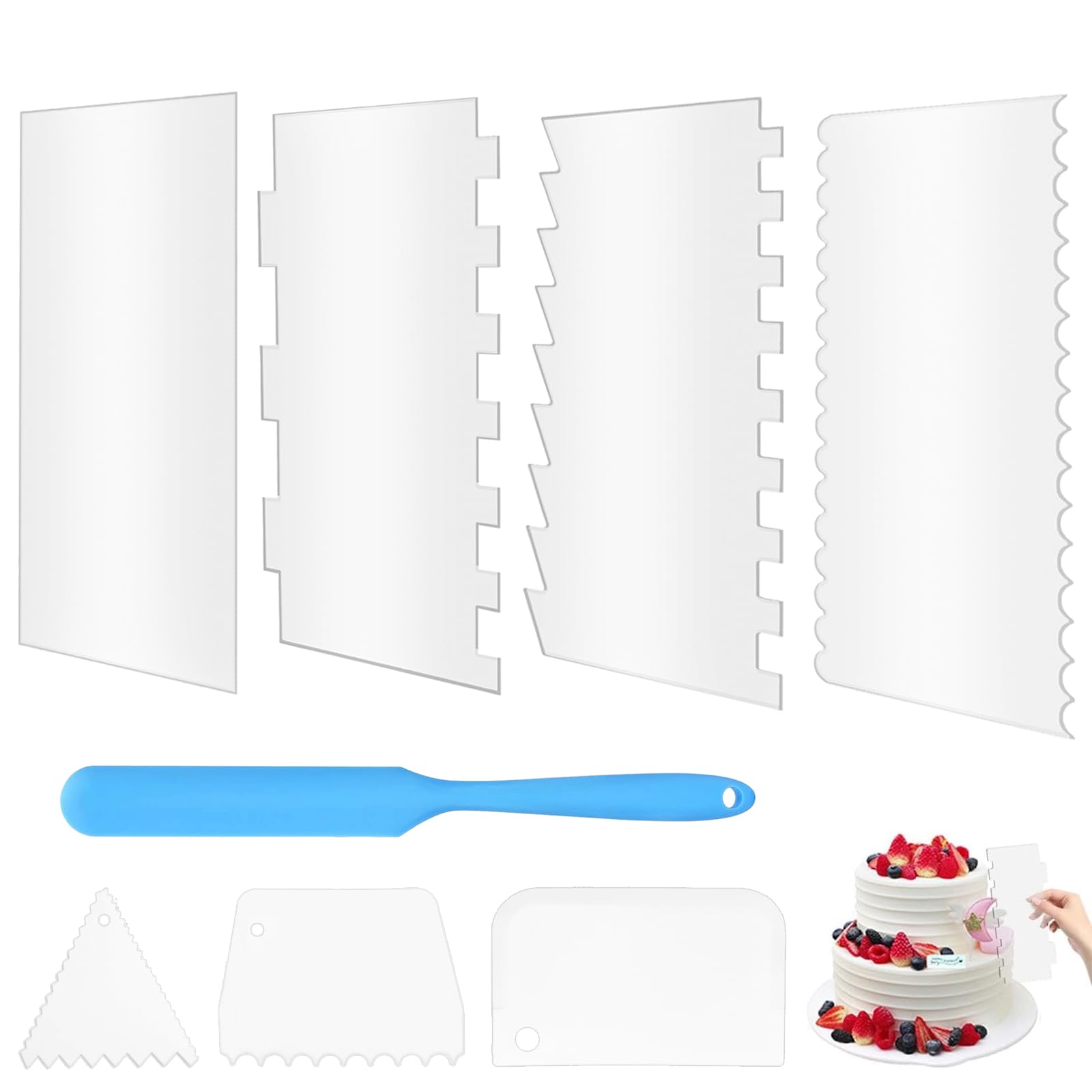 8Pcs Cake Scraper Cake Smoother Scraper, Acrylic Clear Edge Cake Scrape Cutters Smoother Tool, Plastic Cake Scraper Edge Smoother and Decorating Tools, Kitchen Baking DIY Tool with Silicone Scraper