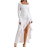 GLNEGE Women Long Sleeve Backless Bodycon Formal Maxi Dress Square Neck Ruffle Slit Wedding Guest Cocktail Dresses Fall