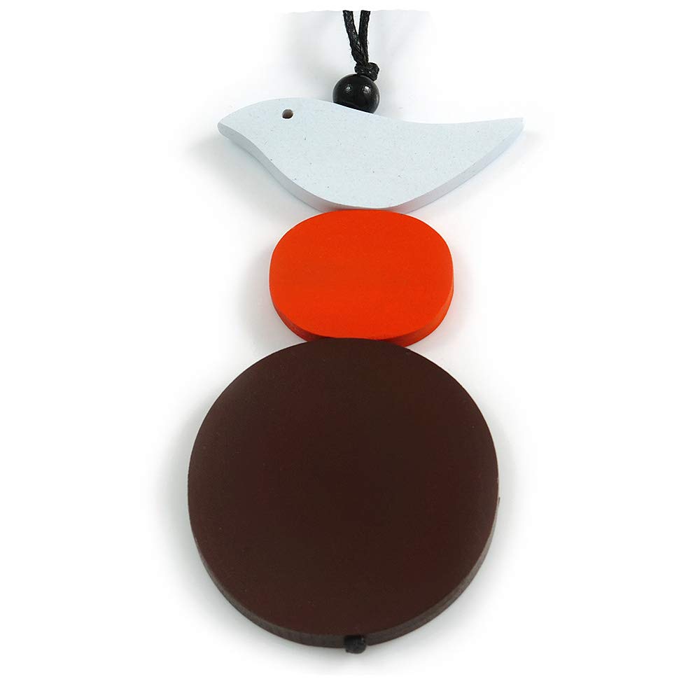 Avalaya Brown/Orange/White Wood Bird and Bead Pendant with Black Cotton Cord - Adjustable - 84cm Long/ 11cm Pendant