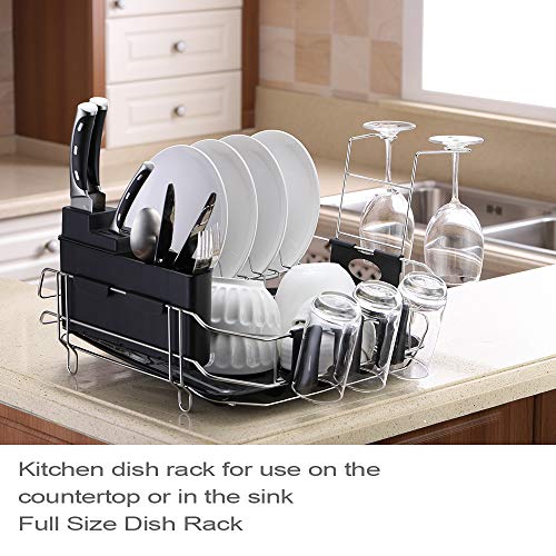 VESLA HOME Sink Countertop Kitchen Dish Drying Rack in Sink Dish Drainer with Drain Board and Cutlery Cup, Stainless Steel Silver Wire/Black Plastic - Thumbnail 4