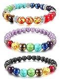 Dhnewsun Men,Women 8mm Lava Rock Beads Chakra Bracelet Black Healing Energy Stone Gemstone Bracelet (3-Piece)