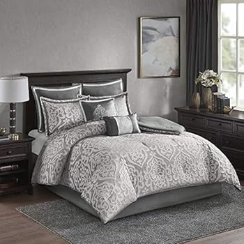 Madison Park Odette 8 Piece Jacquard Bedding Comforter Set with Damask Stria, Queen, Silver