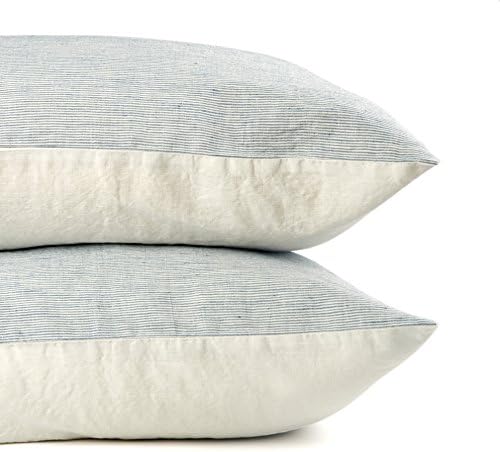 Organic Linen Pillow Cases Set of 2 - Grey, White, Two-Color - 20" x 30" and 20" x 40" (Standard and King Sizes) - Washed Linen Blend King (20"x40"), Turquoise Striped and White