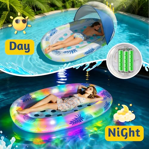 JONRRYIN Materassino Gonfiabile Piscina 180×110cm, Lettino Abbronzante per Adulti con Tettuccio Parasole Rimovibile ed Effetti Luminosi per Piscina, Spiaggia e Lago