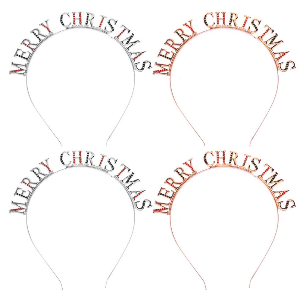 FRCOLOR 4Pcs Merry Xmas Letters Rhinestones Headband Crystal Crowns Tiaras Christmas Headdress for Girl Women Birthday Wedding Prom Holiday Party