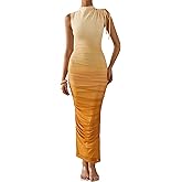 PRETTYGARDEN Women's Summer Maxi Floral Dresses Ruched Bodycon Sleeveless Mesh Formal Wedding Guest Cocktail Split Long Dress