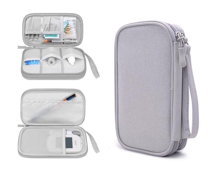 Jlyifan Travel Case Diabetic Supplies Organizer for Test Strips, Lancets, Needles, Lancing Device, Glucose Meter, Alcohol Wipes, Insulin Pens, Syringes, Diabetes Testing Kit Storage Bag (Gray)