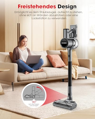 Muvano Cordless Vacuum Cleaner, 3 Cleaning Modes, 99.9% Filter Performance, Battery Vacuum Cleaner with Wall Mount for Carpets, Tiles, Pet Hair, Parquet and Hard Floors, Black