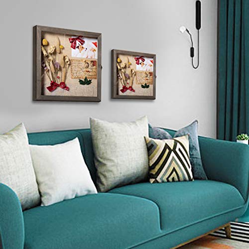 Emfogo 13x13 Shadow Box Picture Frame with Linen Back Front Glass Door and Pocket, Rustic Wood Shadow Display Case of Keepsakes, Baby, Wedding, Memory Box for Wall and Tabletop (Weathered Gray)