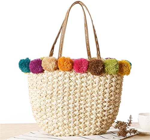 Raffia Beach Bag Handmade Pom Ball Handbags Straw Baskets Summer Bohemia Holiday Shoulder Bags Market Women Shopping Tote 1075 Beige