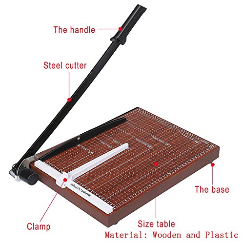 Guillotine Paper Cutter and Trimmer, 15 inch Cut Length, 12 Sheet Capacity for Home Office, Automatic Clamp, Sturdy Wood Base (Red)