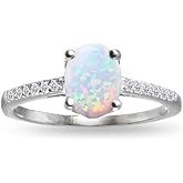 GemStar USA Sterling Silver Synthetic Opal and White Topaz Oval Crown Ring, Size 8