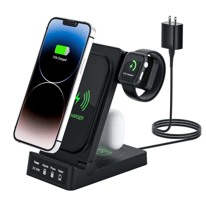 TechFlow Foldable 3 in 1 Wireless Charger, Fast Wireless Charger for iPhone15/14/13/12/11/Pro Max/X/XS/XR/8 Plus, Apple Watch 9/8/7/SE/6/5/4, Air Pods 3/Pro/2 (Black) 15W + 5W + 3W