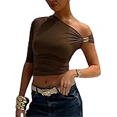 YEMOCILE Women's One Shoulder Basic Top Metal Knot Short Sleeve T Shirt Summer Slim Fit Cropped Tee