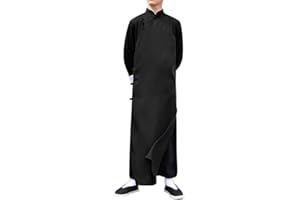BOOW Men's Cotton Linen Kung Fu Suit Chinese Martial Arts Uniform Meditation Suit Roll-Up Sleeve Frog Button Shirt Pants Outfit (Only Robe-Black, L)