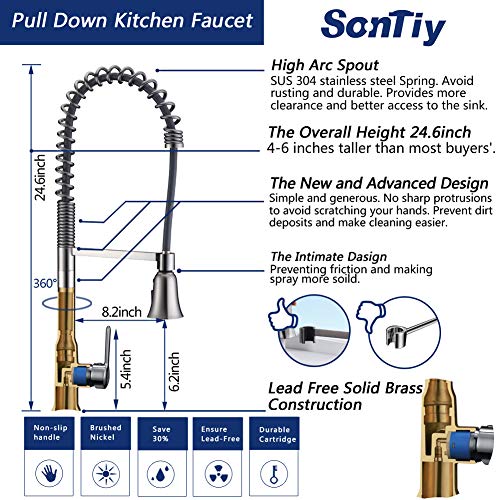 SonTiy Commercial Kitchen Faucets with Pull Down Sprayer, Single Handle Single Hole Pull Out Kitchen Faucet Chrome, High Arc Spring Kitchen Sink Faucets