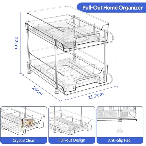 Yoawllty Under Sink Organizer,2 Tier Bathroom Cabinet Organizer,Clear Organizers storage with Dividers and Cups,Multi-Purpose Slide-Out Storage Container for Cabinet,Fridge,Kitchen,Makeup(2Packs）