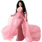 Women Off Shoulder Long Sleeve Maternity Dress Tulle Elegant Slim Fit Gown Baby Shower Photography Maxi Dress for Photo Shoot