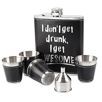 Jonquin I Dont get Drunk I get Awesome� Leather Bound Stainless Steel Hip Flask Set, 18oz (530 ml) - 1 Hip Flask + 4 Shot Glasses + 1 Funnel